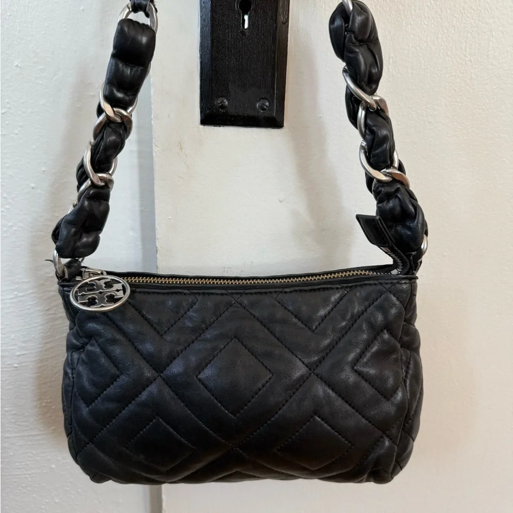 Tory Burch Black Quilted Calfskin Leather Bag with Silver Hardware